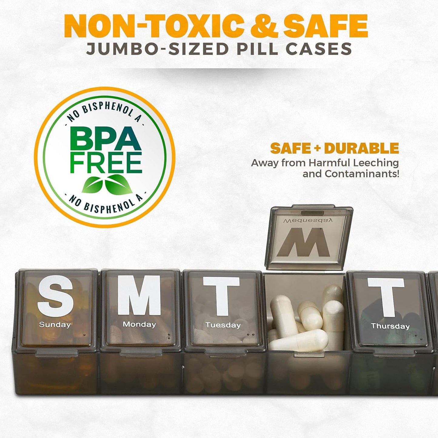 Weekly Pill Organizer - (Pack of 2) Extra Large Vitamin Container with Jumbo Easy to Read Letters, BPA Free - Daily Travel 7 Day Medication Pill Box Case, (Black)