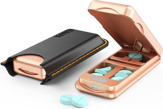 Pill Cutter with Auto Centering Device, Aluminum Pill Splitter with 316L Stainless Blade, Genuine Leather Case, Professional Pill Splitter for Cutting Small Pills or Large Pills (Rose Gold)