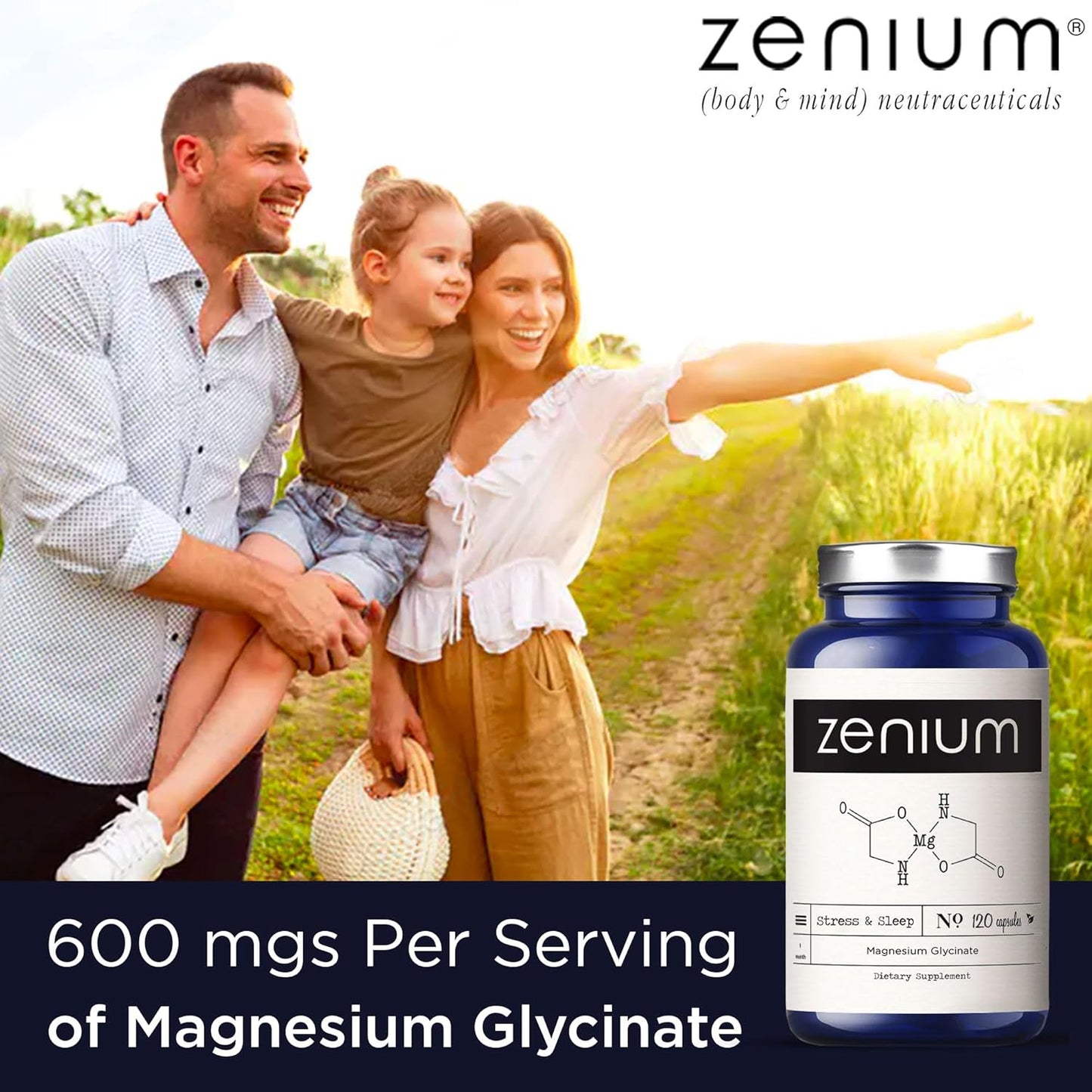 Zenium - Magnesium Glycinate 600 mg per Serving, 120 Capsules | Relieve Stress, Tension, Worry, Nervousness, & Irritability | Calm The Mind & Body | Ayurvedic | Natural Relief Supplement