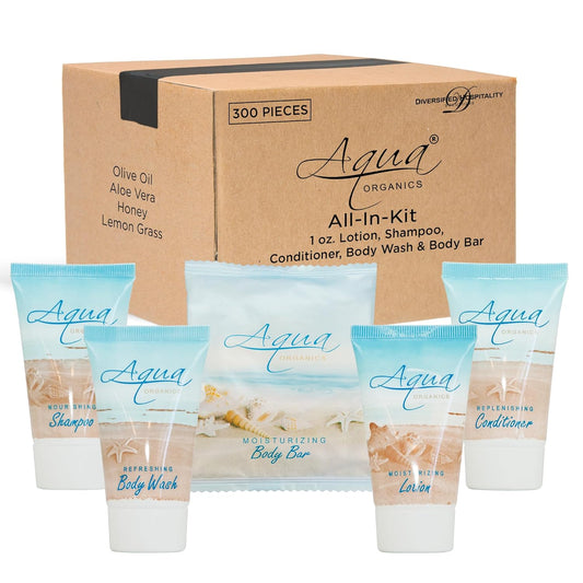 Aqua Organics Hotel Soaps and Toiletries Bulk Set | 1oz Hotel Shampoo & Conditioner, Body Wash, Body Lotion & 1oz Bar Soap Travel Size | 300 Pieces