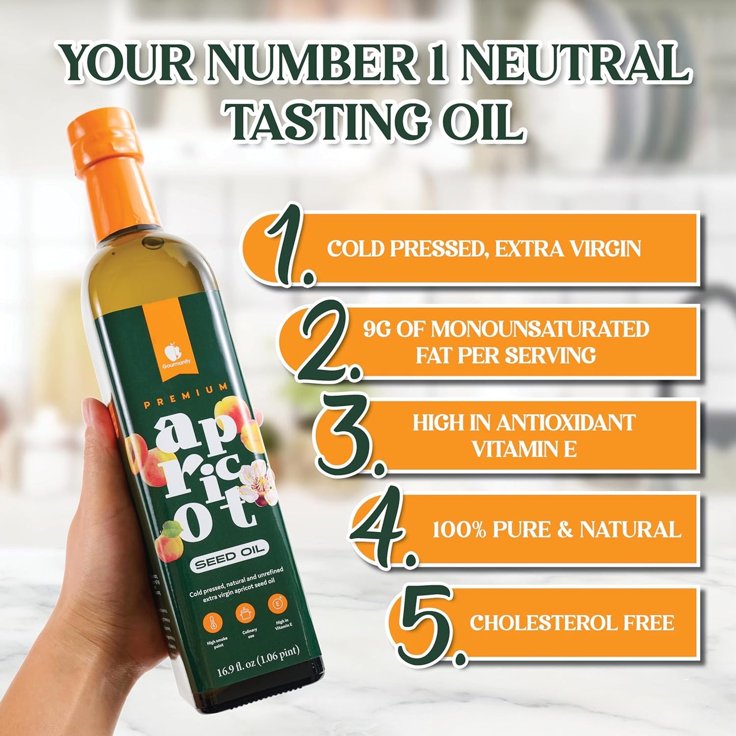 Gourmanity Apricot Seed Oil, Frying Oil with Natural Vitamin E, Apricot Kernel Oil, A Healthier Cooking Oil Alternative, Cholesterol Free, Keto And Paleo Friendly, 16.9 fl oz Bottle