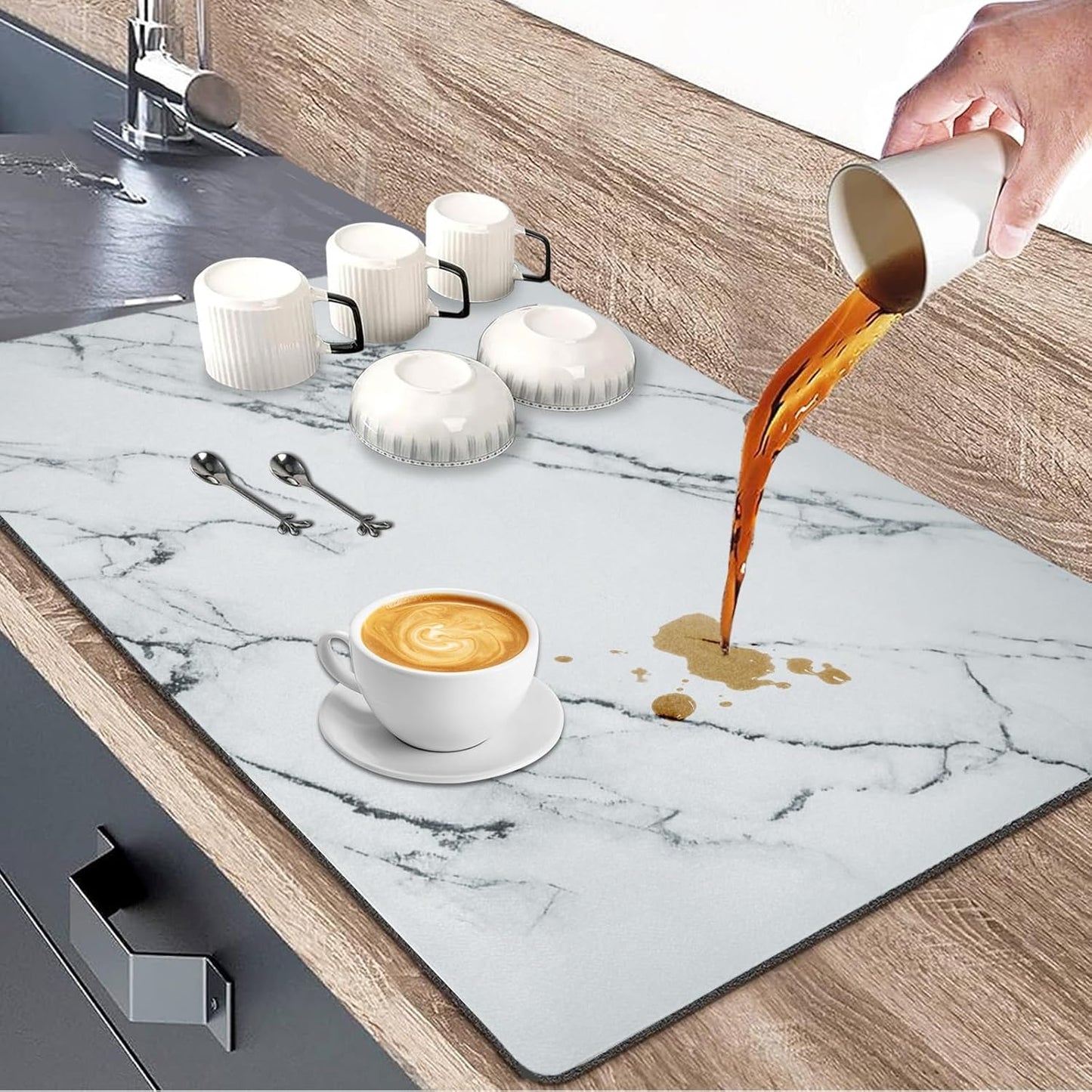 Dish Drying Mats for Kitchen Counter, 24"X16" Coffee Bar Mat for Countertops Heat Resistant Drainer Mat with Non-slip Rubber Backed Large Kitchen Drying Mat Absorbent Draining Mat (Light Gray)