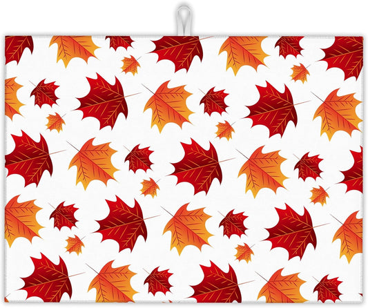 Autumn Maple Leaves Dish Drying Rack Mat for Kitchen Counter, Dish Drying Pad Absorbent Reversible Microfiber Protector for Coffee Bar Sink Countertops 18x24 Inch