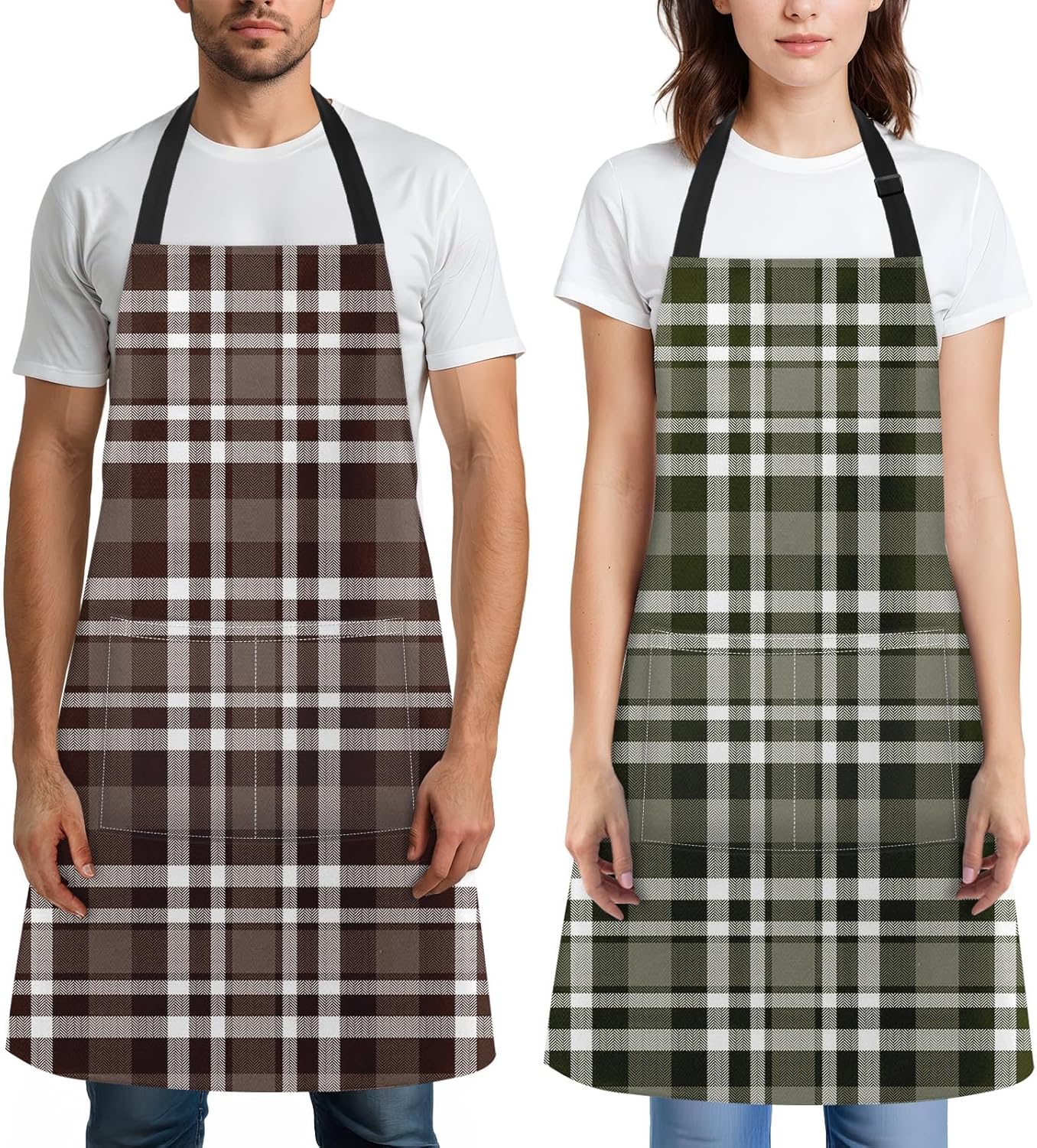2 Pack Aprons, Plaid Check Grid Adjustable Bib Aprons with 2 Pockets for Women Men Couple Lovers Chef Home Kitchen Cooking Baking Gardening Dark Brown Green Apron 32x28 Inches
