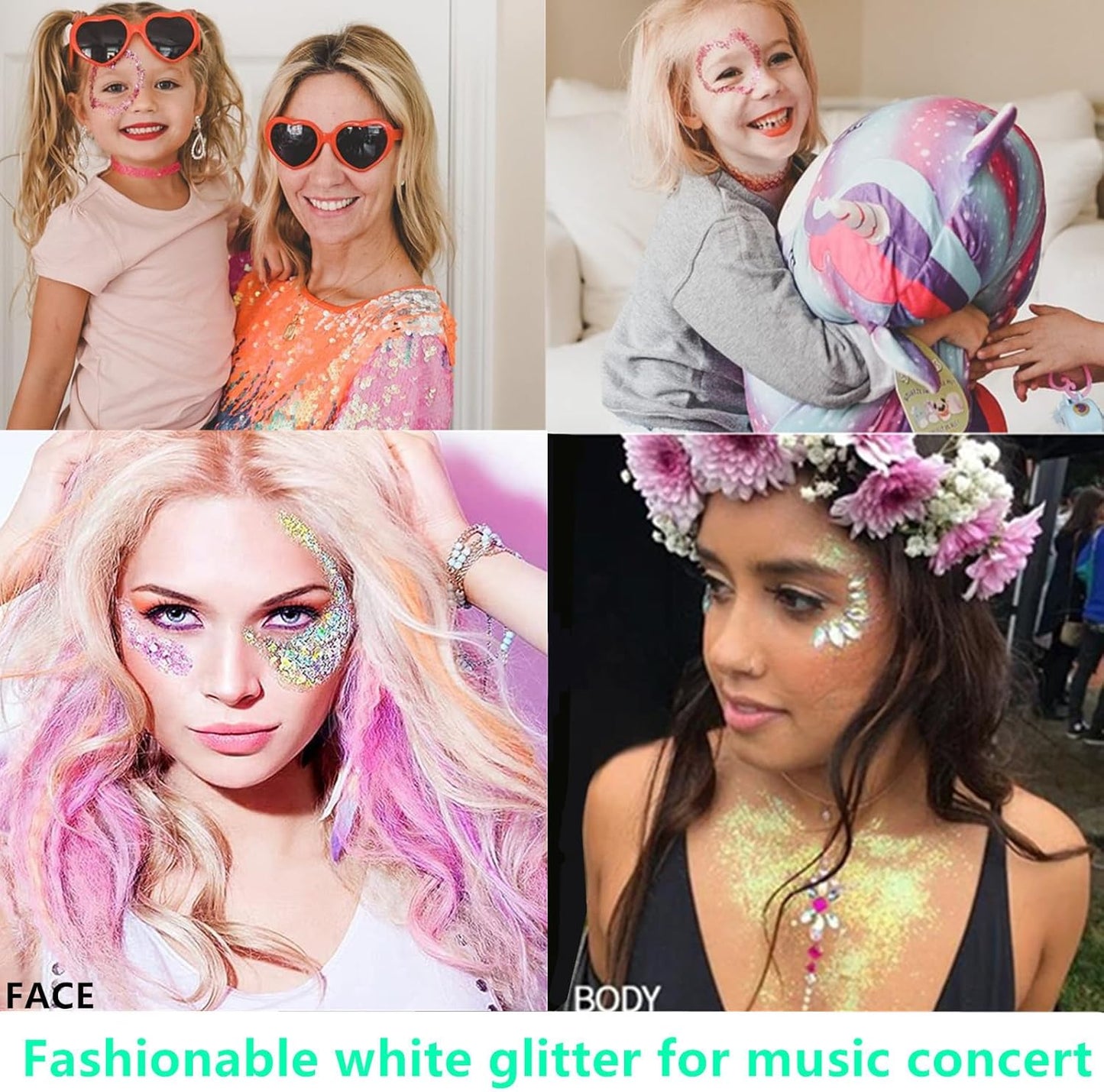 Go Ho White Pink and Silver Face Body Glitter Gel Set,Mermaid Face Paint,Holographic Long Lasting Chunky Sequins Glitter Makeup for Singer Concerts,Halloween Festival Rave Accessories