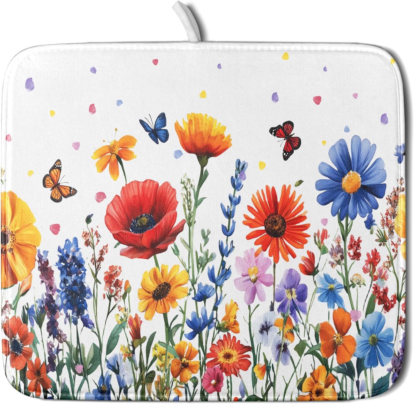 Watercolor Flower Dish Drying Mat 16x18 Inch Floral Butterfly Dish Drainer Protector Pad Washable Reversible Kitchen Counter Dish Dry Pad
