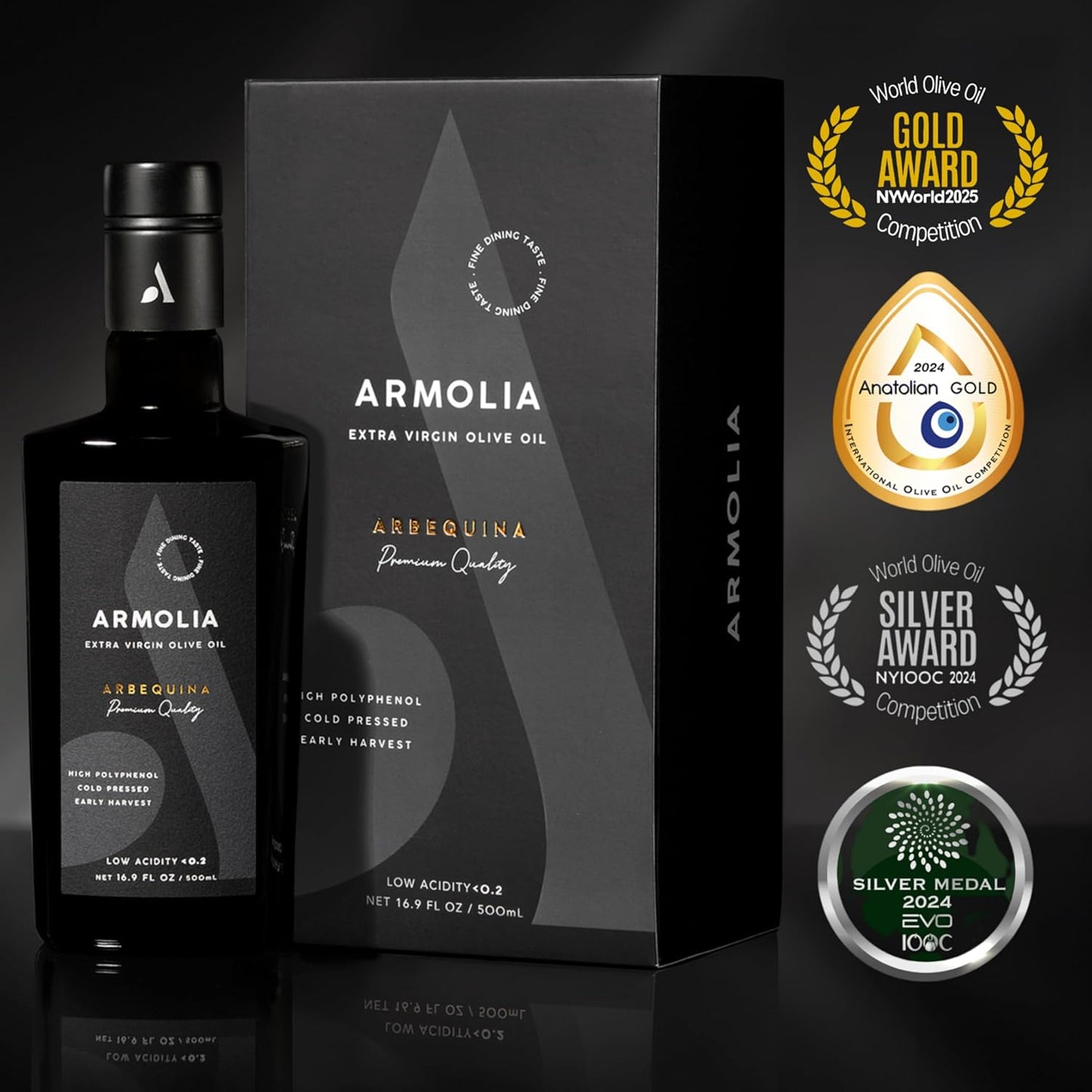 ARMOLIA 24-Pack Olive Oil Extra Virgin, Cold Pressed, Early Harvest, High Polyphenol (<400 mg/kg), Low Acidity (0.14%), 2025 Gold Award Winner, Drinking Premium Glass Bottle EVOO ( 24 Pack x 500mL , 405.6 Oz )