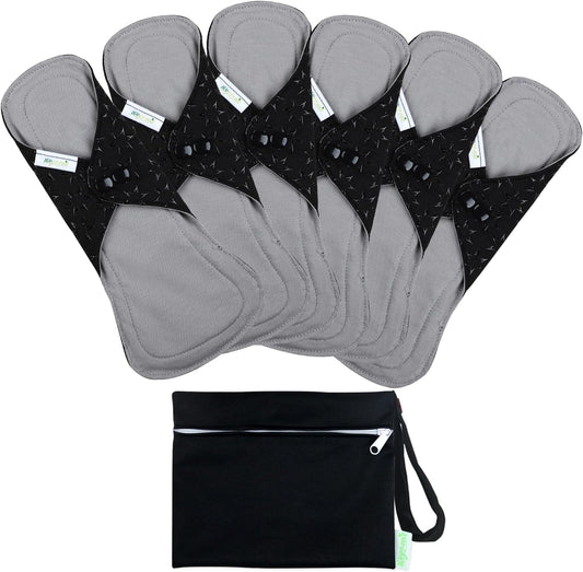 wegreeco 6 Pcs Reusable Menstrual Pads, Ultra Absorbent Cloth Pads for Heavy Flow, Sanitary for Teens, Women, Nonslip, Grey Inner, Black Outer, Small