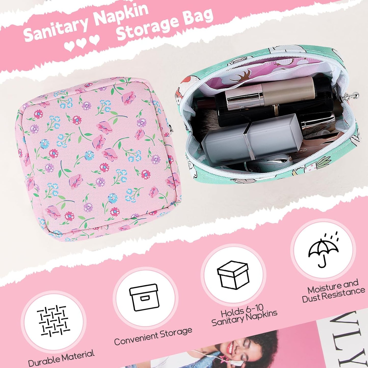 Desing Wish Period Bag Pouch Soft Cloth Sanitary Napkin Storage Bag Portable Menstrual Pad Pouches Tampon Holder for Purse First Period Kit for Girls 9-12 (Playing Cat)