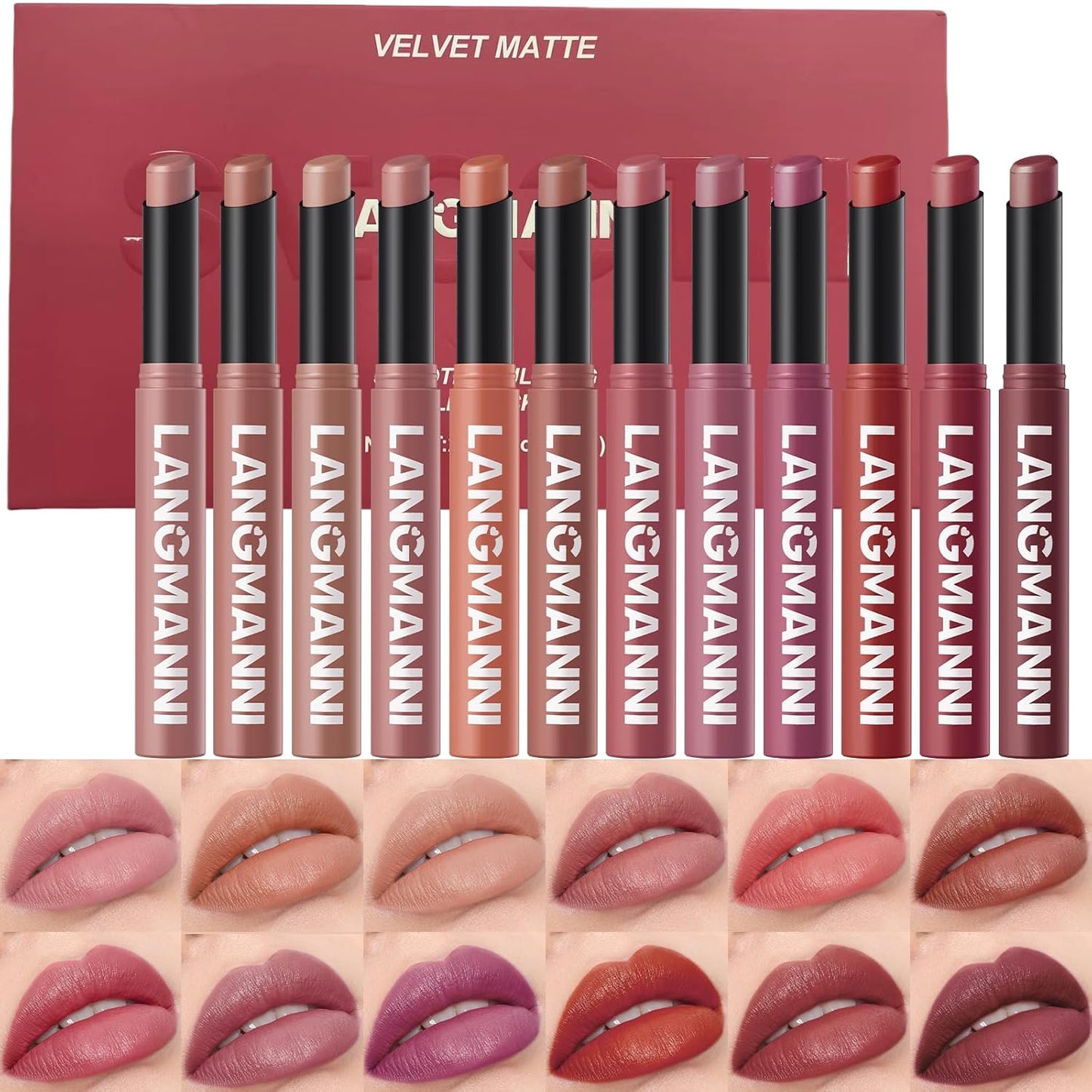Jolilab 12Pcs Velvet Matte Lipstick Nude Matte Soft Dark Color Stick High Pigmented Long-Lasting Waterproof Lip Stick Lip Balm Beauty Cosmetics Gift for Girls and Women(01#-12#)