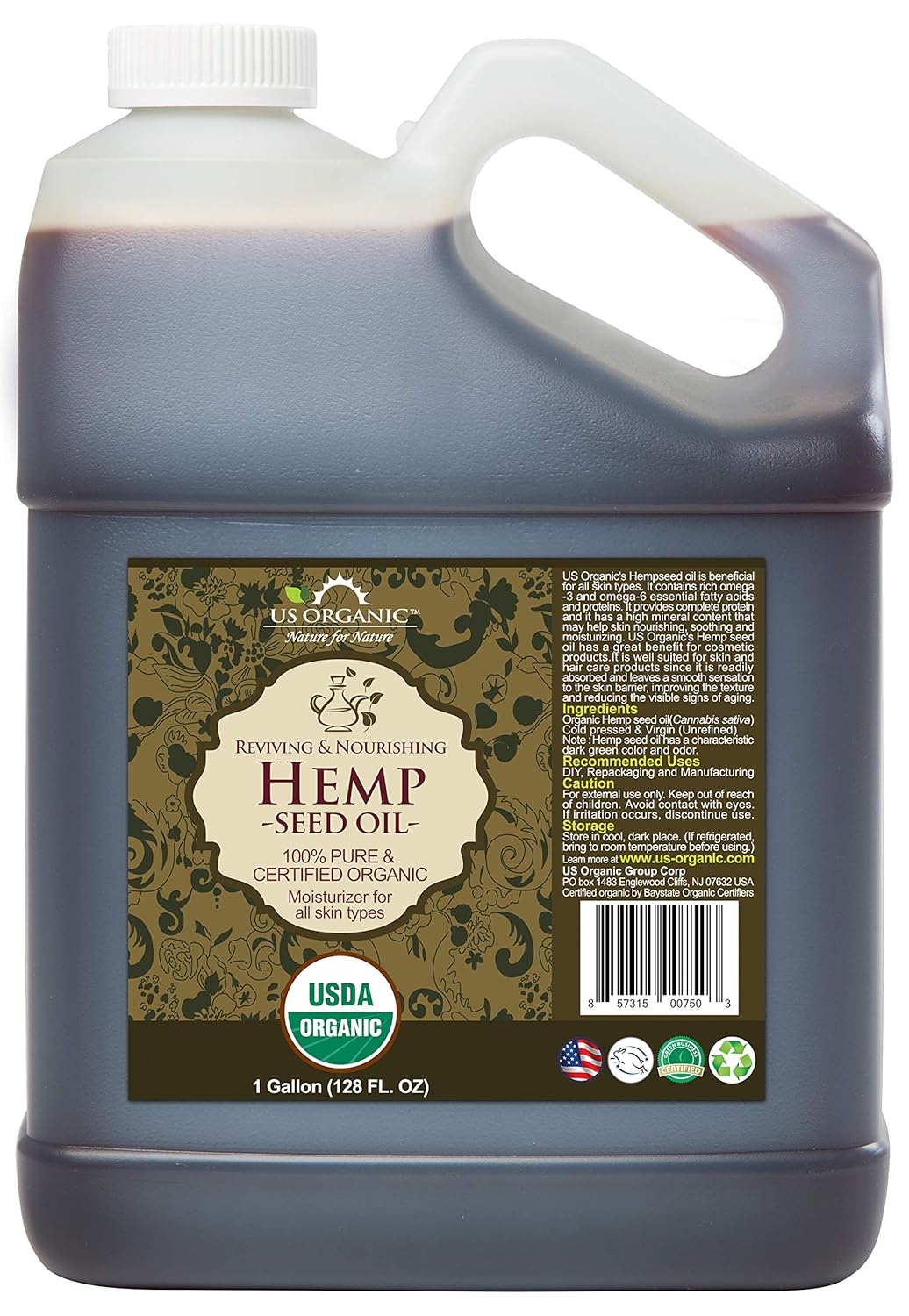 US Organic Hemp Seed Oil, Certified Organic, Pure & Natural, Cold Pressed Virgin, Unrefined, Size for DIY and small manufacturers (128 oz (1 Gallon))