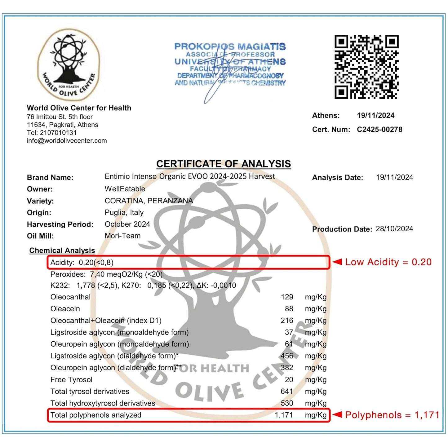 Entimio Intenso +900 mg/kg Polyphenol Rich Organic Extra Virgin Olive Oil, New 2024-2025 Early Harvest Italian Olive Oil from Puglia, Italy, 2025 Gold Winner, Cold Extracted, Lab Tested - 16.9 fl oz