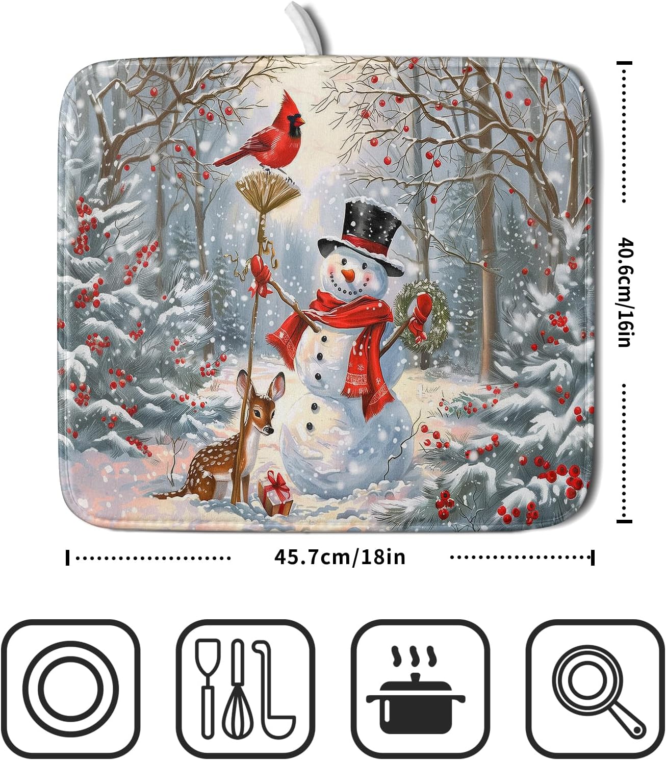Winter Snowman Dish Drying Mat for Kitchen Counter Red Bird Berry Dishes Drainer Mats Holiday Microfiber Absorbent Dish Rack Pad 16x18 Inch