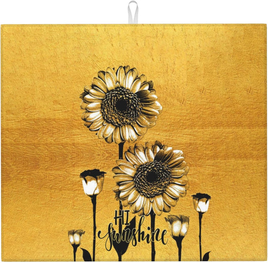 Sunflower Dish Drying Mat for Kitchen Counter Black Gold Washable Absorbent Reversible Microfiber Modern Drying Pad Kitchen Accessories 16x18 Inch