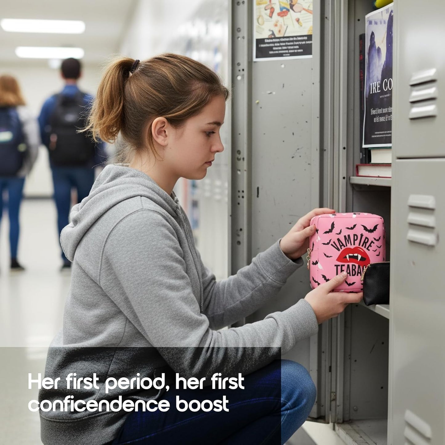 Primo Lines Period Bag for School – Compact Discreet Tampons & Pad Pouch with Waterproof Lining, Cute & Stylish Period Pouches for Teen Girls for School and Travel, First Period Kit (Vampire Teabags)