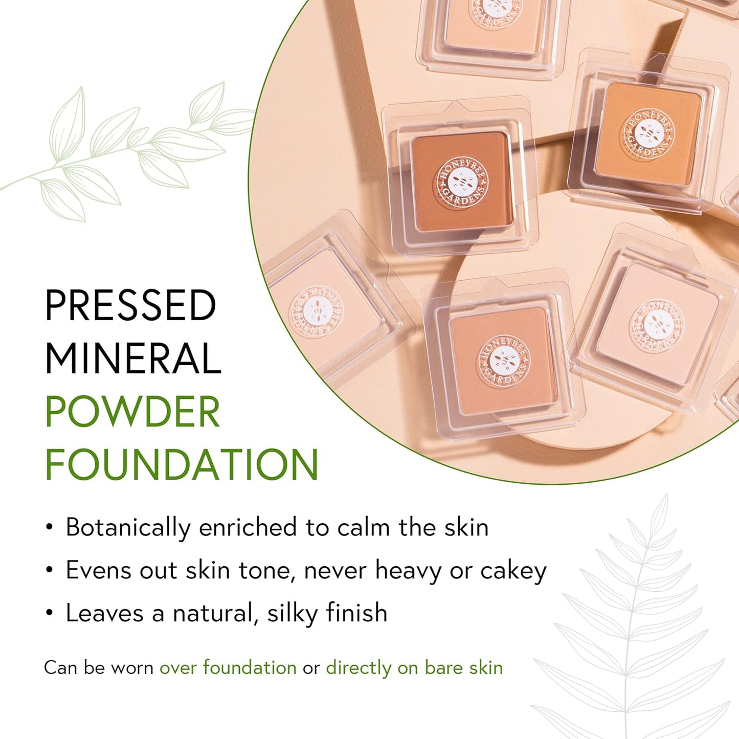 Honeybee Gardens Pressed Mineral Powder Foundation Refill, Sundance, Deep Tan/Mocha, Adjustable Coverage, Natural Finish, With Botanical Extracts And Vitamin E, 7.5g