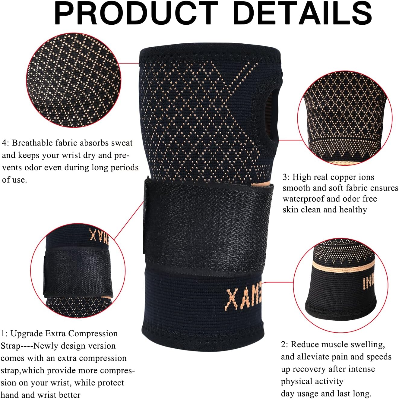 INDEEMAX Copper Wrist Compression Sleeve 1 Pair, Comfortable Hand Brace Support with Strap for Arthritis, Tendonitis, Sprains, Workout, Carpal Tunnel - Left & Right - Women and Men