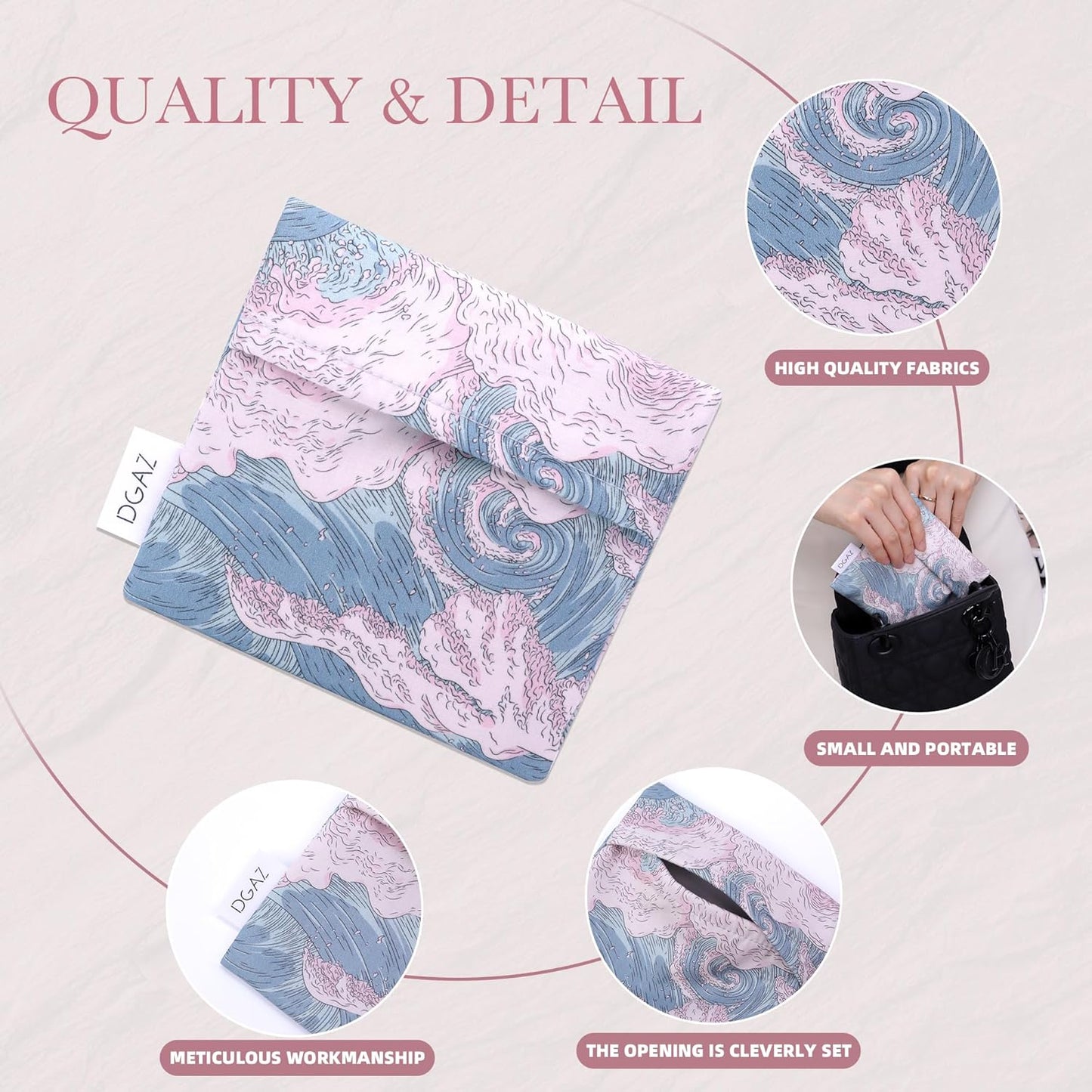 DGAZ Sanitary Napkin Storage Bag, Period Bag for Teen Aged Girls, Portable Period Bag for Panty Liners/Menstrual Cup/Small Tampons，Mini Makeup Bag for Purse(Sea and Waves)