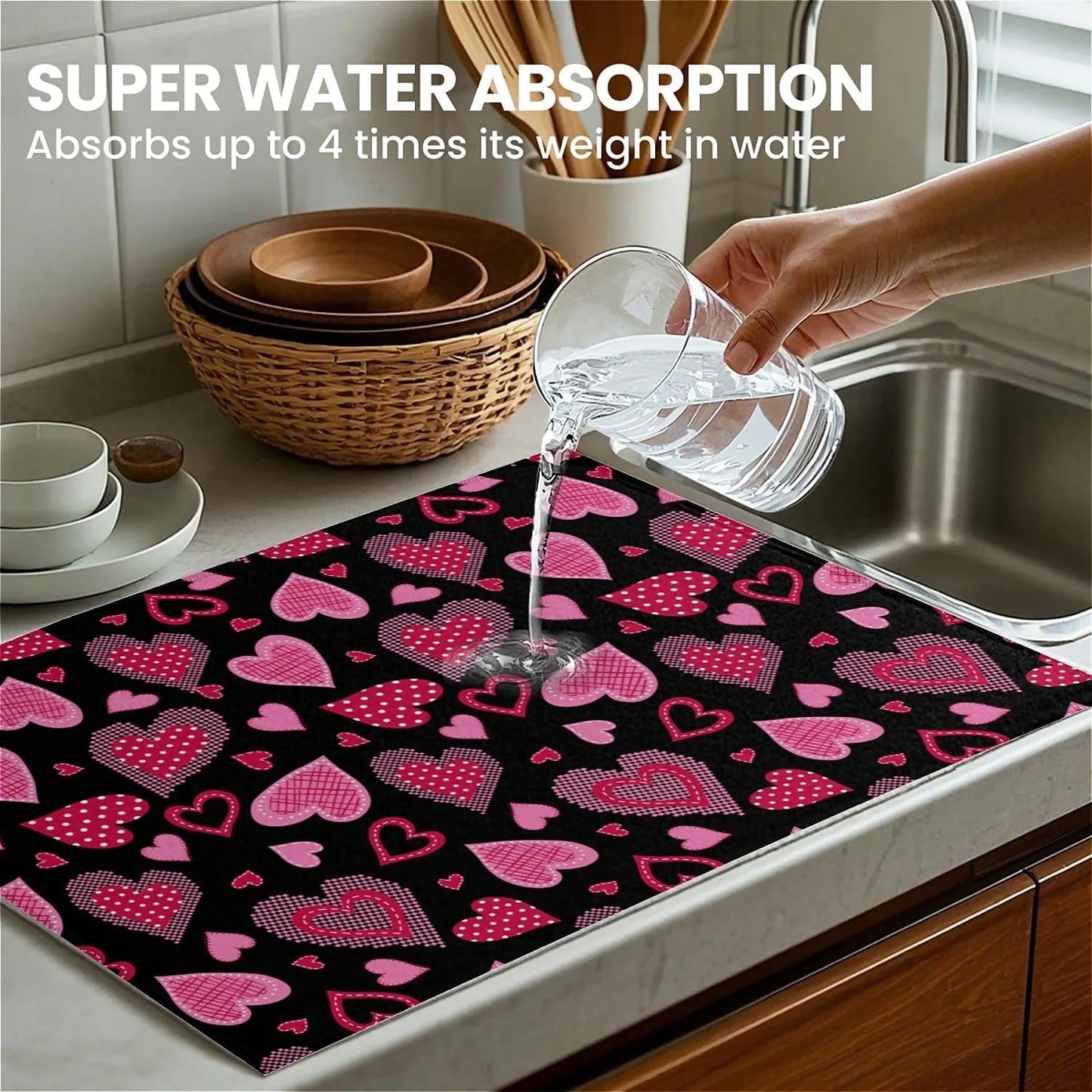 Dish Drying Mat For Kitchen Counter, Pink Love Heart Microfiber Absorbent Dish Drainer Rack Pad Reusable Large 18x24in Drying Mat