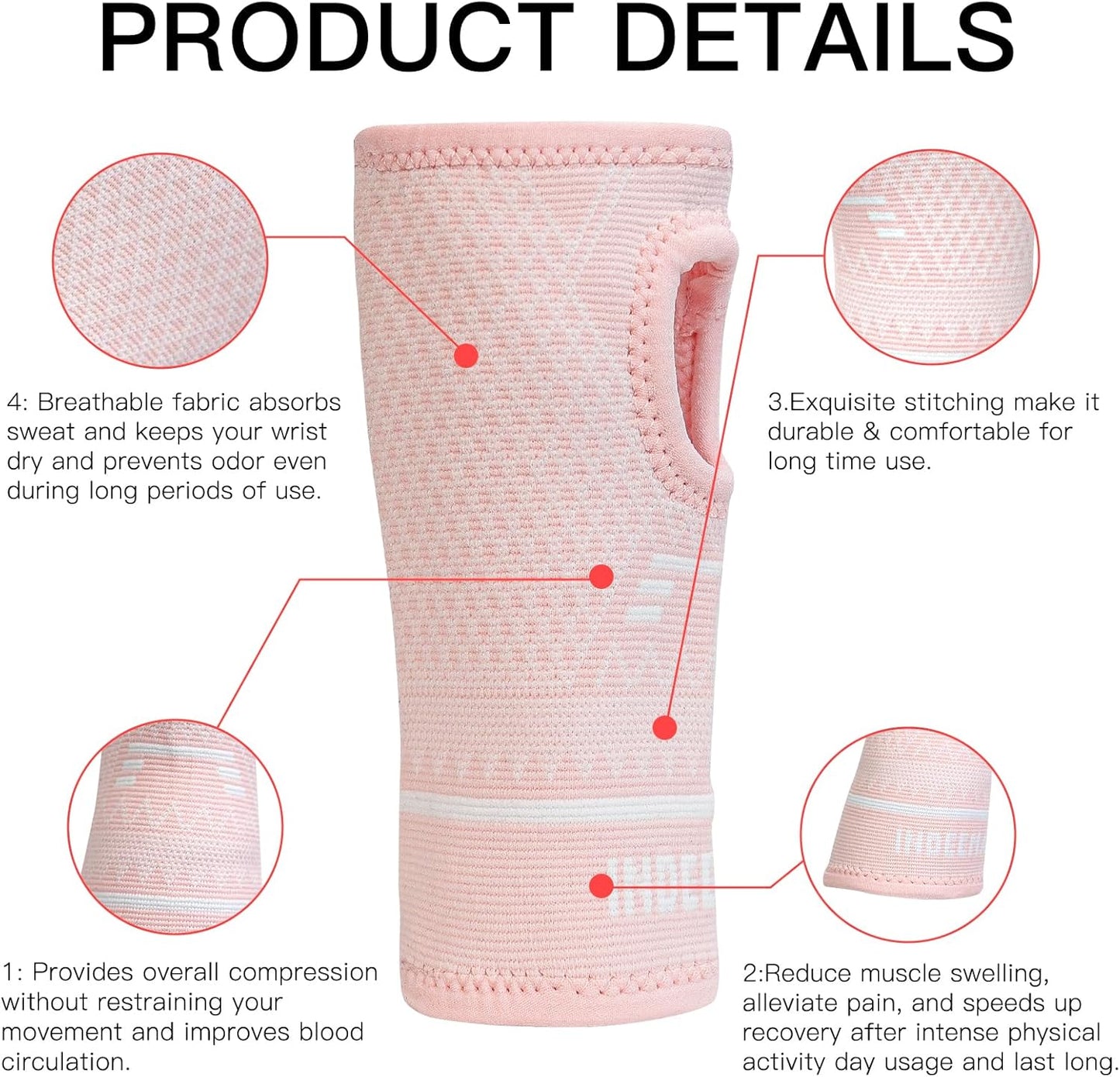 INDEEMAX Copper Wrist Compression Sleeve 1 Pair, Comfortable Hand Brace Support for Arthritis, Tendonitis, Sprains, Workout, Carpal Tunnel - Left & Right - Women and Men (Pink, L)