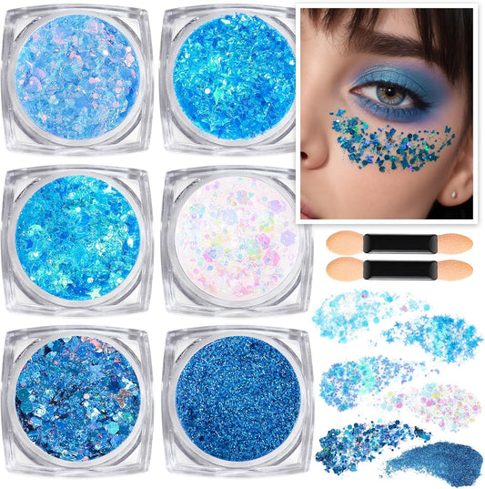 Teenitor Face & Body Glitter - Blue, Hair Glitter Gel, 6 Shapes Festival Makeup Glitter for Face, Hair & Body