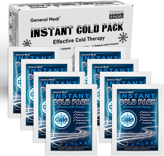 General Medi Instant Ice Cold Pack (4”x 5.5”) – 8 Packs Disposable Cold Therapy Ice Packs for Pain Relief, Swelling, Inflammation, Sprains, Toothache – for Athletes & Outdoor Activities