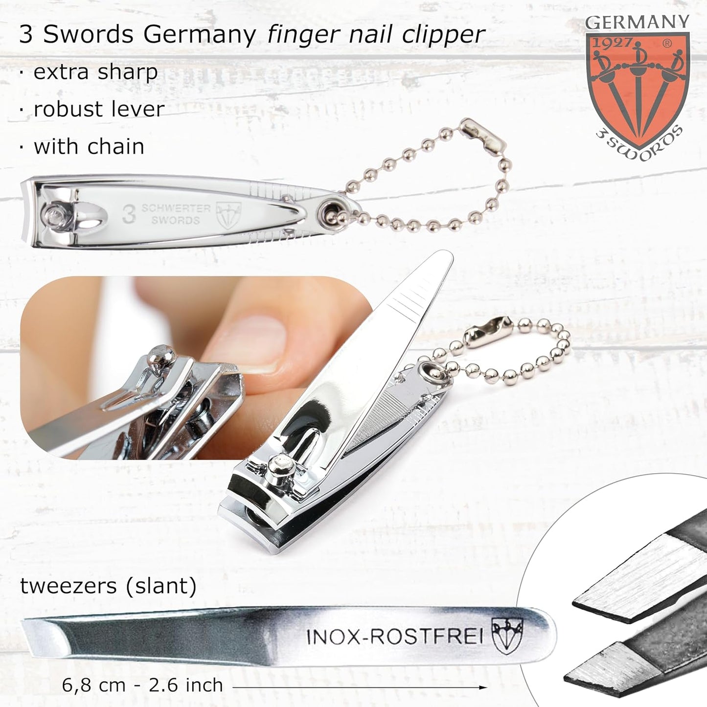 3 Swords Germany - Brand Quality 6 Piece Manicure Pedicure Grooming kit Set - Scissors, Metal and Glass Nail File, Clipper, Tweezers with Synthetic Leather case - Snake