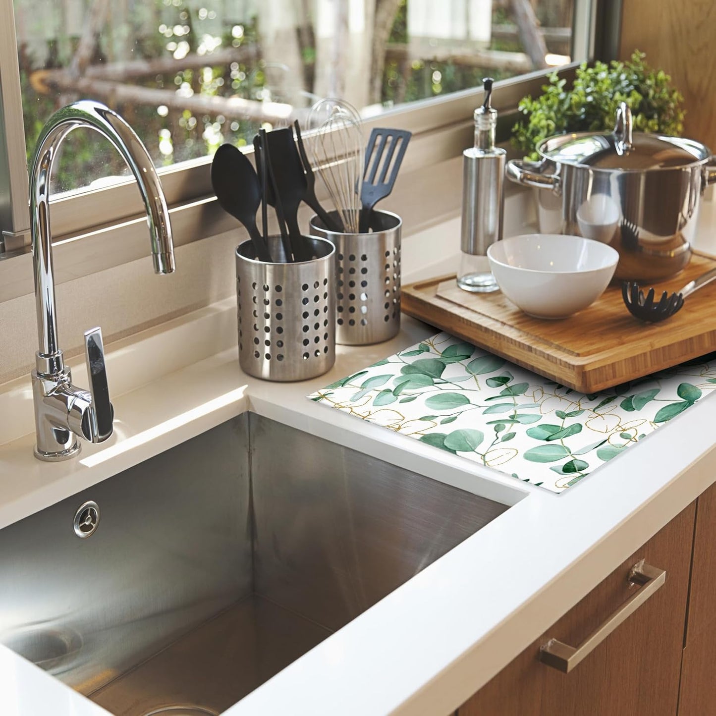 Eucalyptus Leaves Dish Drying Rack Mat for Kitchen Counter,Vintage Boho Dish Drying Pad Absorbent Reversible Microfiber Protector for Coffee Bar Sink Countertops 18x24 Inch