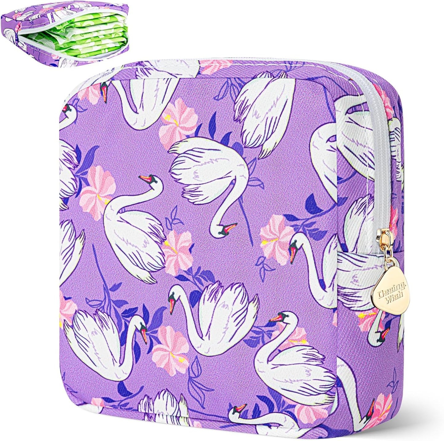 Desing Wish Sanitary Pad Storage Bag Portable Period Bag for Teen Pads/Sanitary Napkins/Small Tampons, Sanitary Napkin Storage Bag First Period Gifts for Teen Girls (Purple Swan)