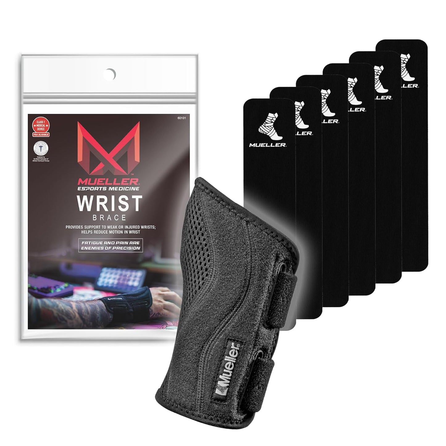 MUELLER Esports Medicine Fitted Wrist Brace for Men and Women, Wrist Pain Relief Support, 6 KTape Strips Included, Ideal for Gamer's Carpal Tunnel, Tendonitis, Arthritis, Right Hand, Black, One Size