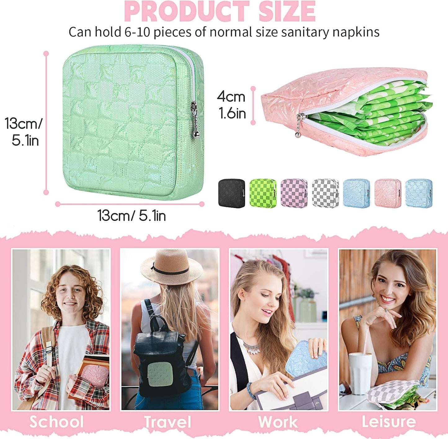 Desing Wish Sanitary Napkin Storage Bag Polyester Fabric Period Bag for Teen Girls Sanitary Pad Pouch for Sanitary Napkins/Tampons/Panty Liners Privacy Protector Pad Bag (Bubble-Check, Green Dots)