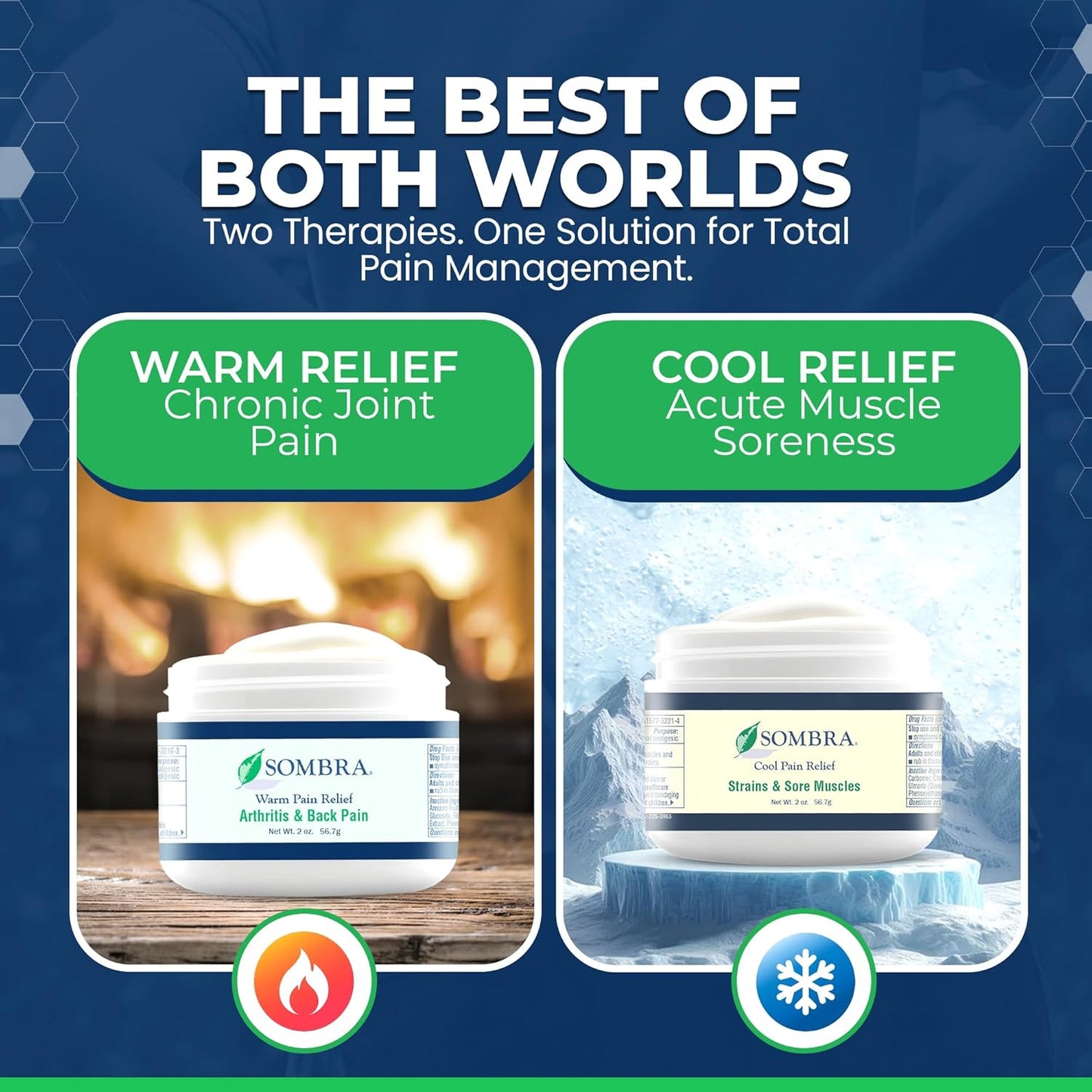 Sombra Warm & Cool Pain Relief Gel, Warm Relief for Arthritis and Chronic Pain Pre-Workout Muscle Rub, Cold for Swelling, Soreness, Post-Workout, Free of Artificial Fragrances, 2oz Per Jar