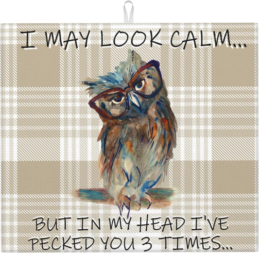 Funny Owl Dish Drying Mat for Kitchen Counter Cute Buffalo Plaid Drying Mat Washable Absorbent Reversible Microfiber Drying Pad Kitchen Accessories 16"x18"