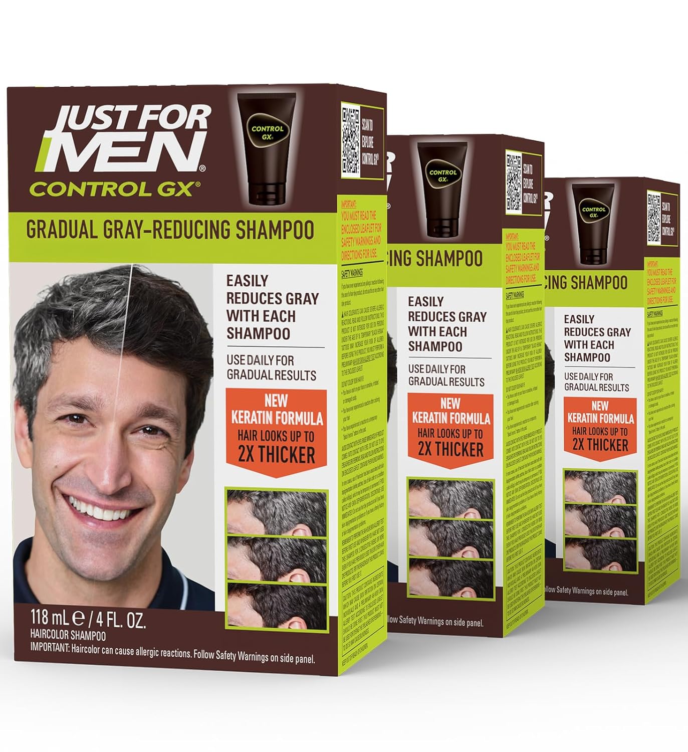 Just for Men Control GX Grey Reducing Shampoo, Gradual Hair Color with Keratin for Stronger Thicker and Healthier Looking Hair, 4 Fl Oz - Pack of 3 (Packaging May Vary)