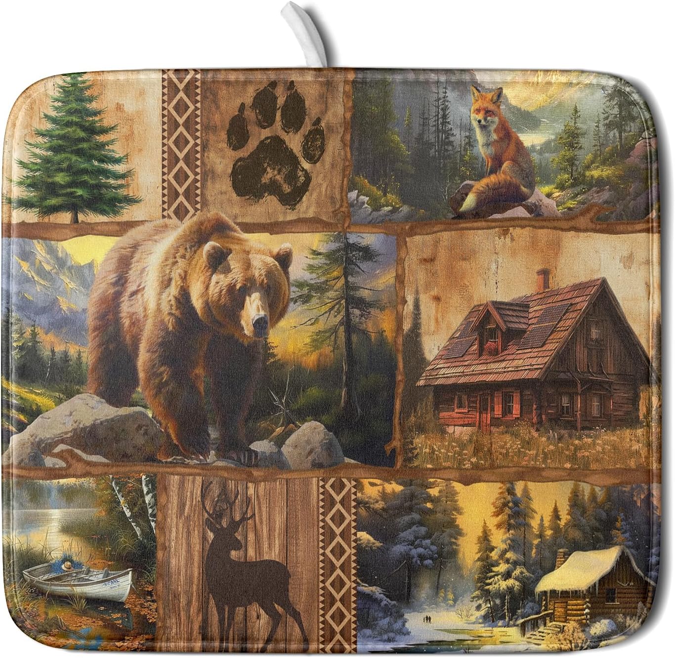 Bear Deer Fox Dish Drying Mat Rustic Cabin Lodge Dish Drainer Mats 16x18 Inch Absorbent Washable Dishes Rack Pad for Sink Kitchen Counter