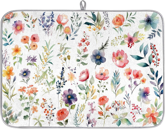 Hexteria Microfiber Absorbent Dish Draining Mat, Floral Dish Drying Mat for Kitchen Counter Washable Drainer Rack Pad, Vintage Floral