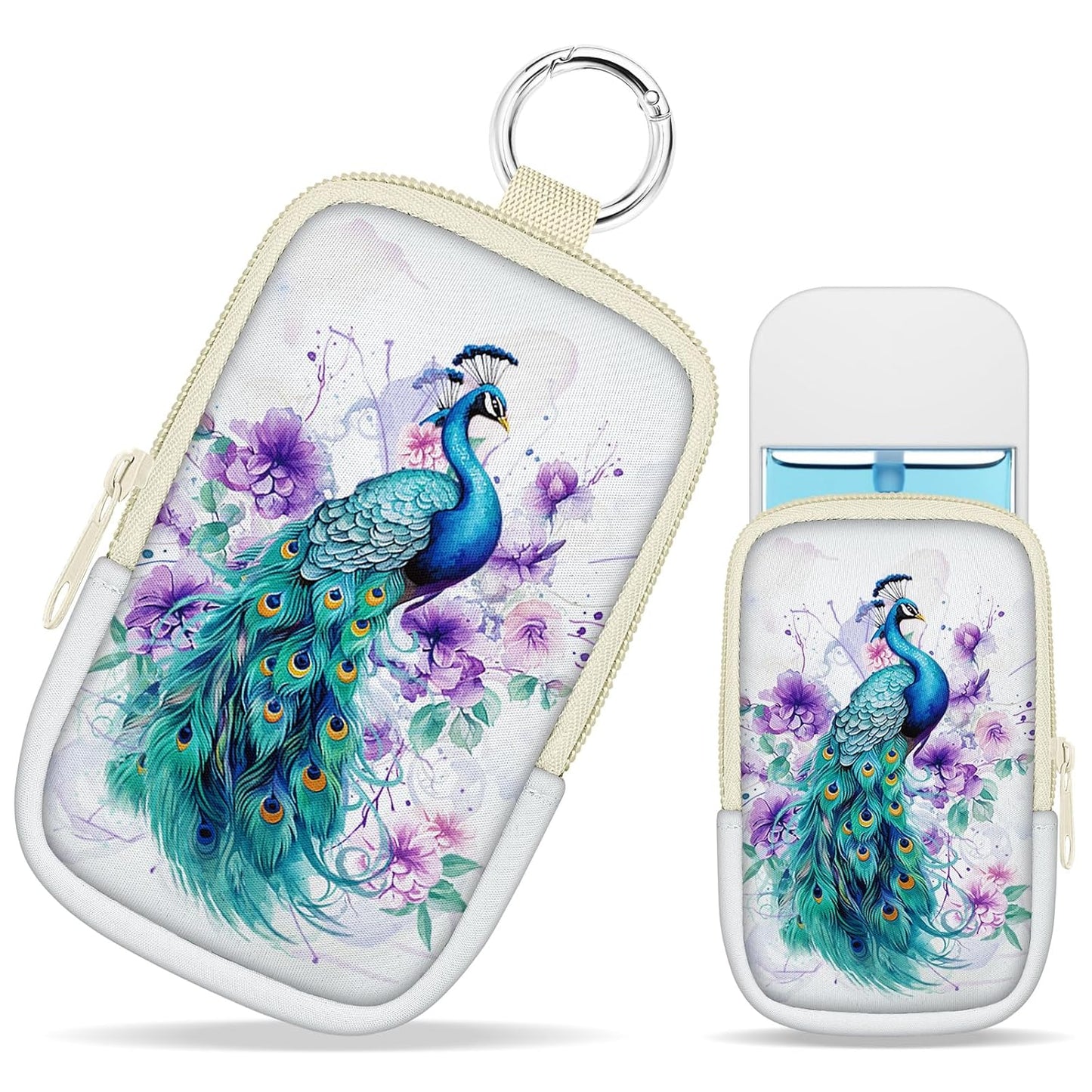 Peacock Hand Sanitizer Spray Case, Cute Hand Sanitizer Holder Zippered Pouch, Fashion Accessory with Snap Hook for Glow Mist and Power Mist 1FL OZ