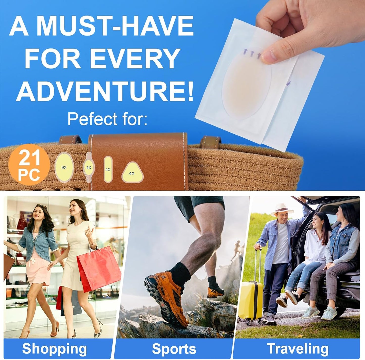 Gel Blister Bandages 21ct, Waterproof Hydrocolloid Blister Bandages for Foot Wound Quick-Healing Blister Cushions for Toe Heel All-Day Prevention, Variety Combo Pack