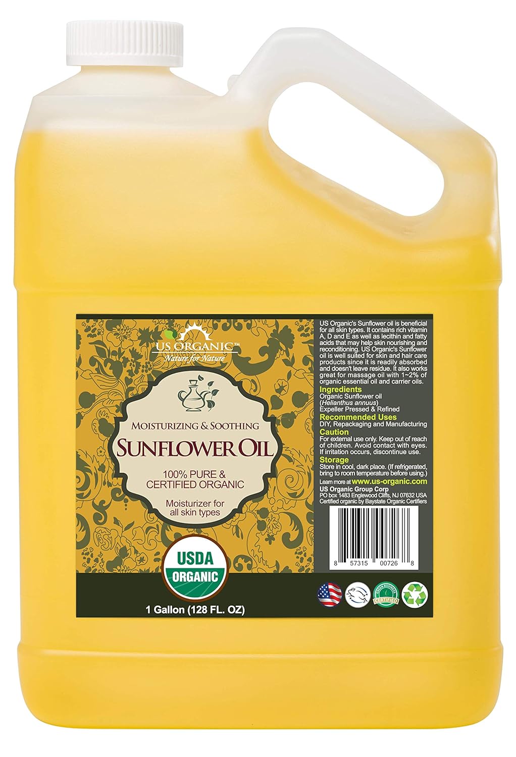 US Organic Sunflower Carrier Oil Bulk Pack, USDA Certified Organic,100% Pure & Natural, Expeller Pressed, for Massage, Aromatherapy or Small Manufacturing, 1 Gallon (128 Ounce)