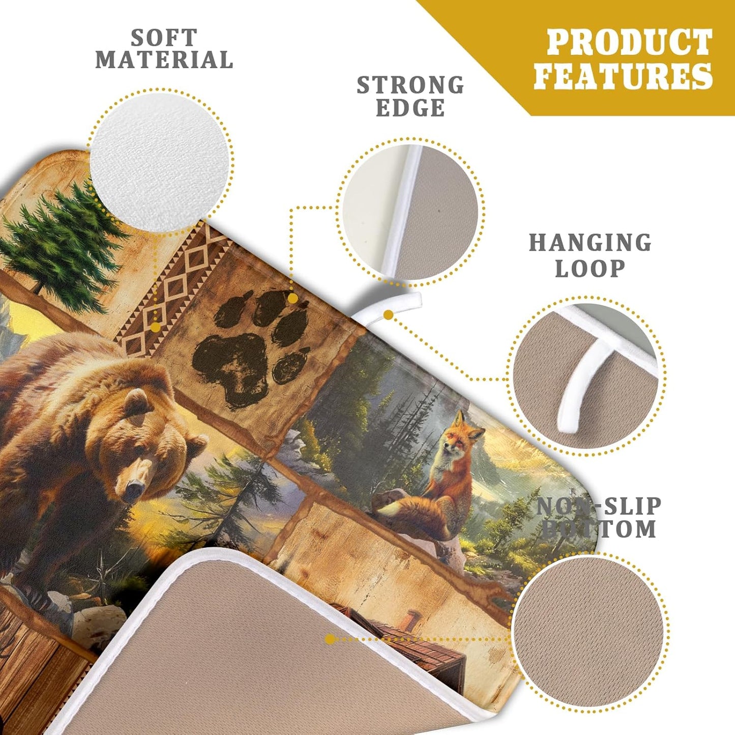 Bear Deer Fox Dish Drying Mat Rustic Cabin Lodge Dish Drainer Mats 16x18 Inch Absorbent Washable Dishes Rack Pad for Sink Kitchen Counter