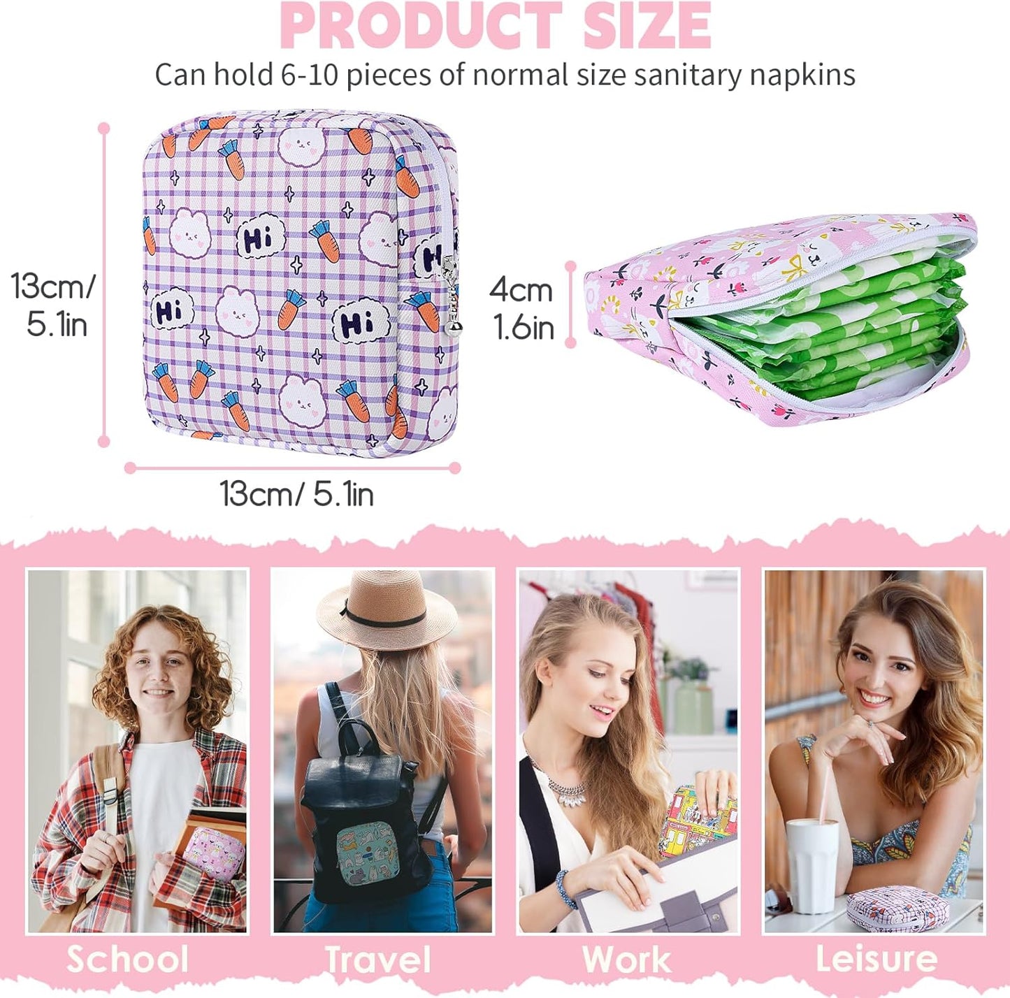 Desing Wish Sanitary Pad Storage Bag Portable Period Bag for Teen Pads/Sanitary Napkins/Small Tampons, Sanitary Napkin Storage Bag First Period Gifts for Teen Girls (Pink-White Checker)