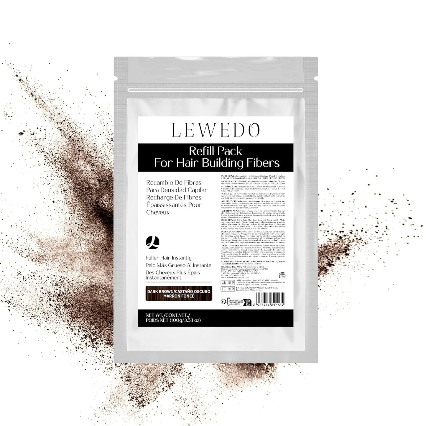 Hair Building Fibers Refill Pack - 100g Instant Thickening Fibers for Men & Women, Natural Cotton Powder, Wind/Rain Resistant, For All Hair Fiber Applicator Bottles (Dark brown)