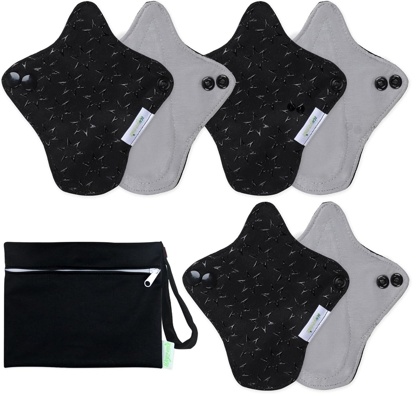 wegreeco 6 Pcs Reusable Menstrual Pads, Ultra Absorbent Cloth Pads for Heavy Flow, Sanitary for Teens, Women, Nonslip, Grey Inner, Black Outer, X-Small