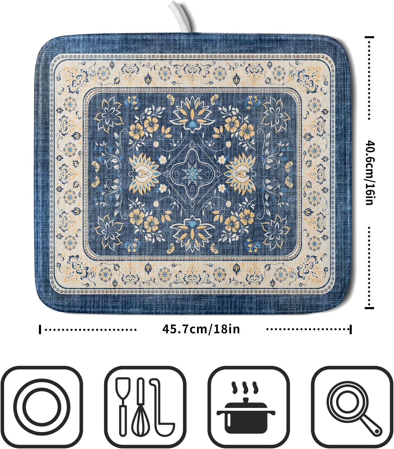 Blue Boho Dish Drying Mat for Kitchen Counter 16x18 Inch Fast Dry Drying Pad Vintage Floral Dish Drainer Rack Mats Coffee Bar Accessories