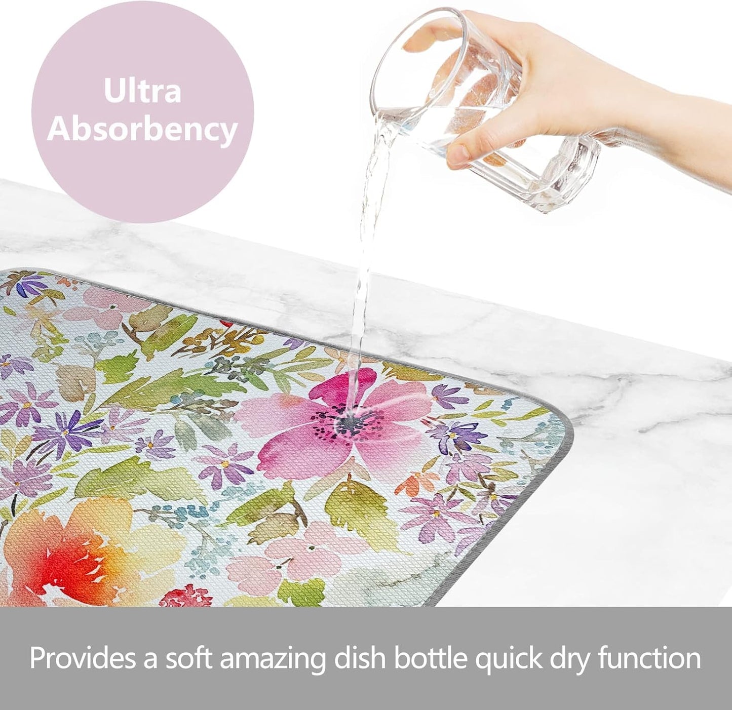 SHIYUE Dish Drying Mat for Kitchen Counter Super Absorbent Spring Kitchen Decor Microfiber Drying Matainers Rack Fast Pad Dish Drainer Mats(Watercolor Floral,18''x24'')