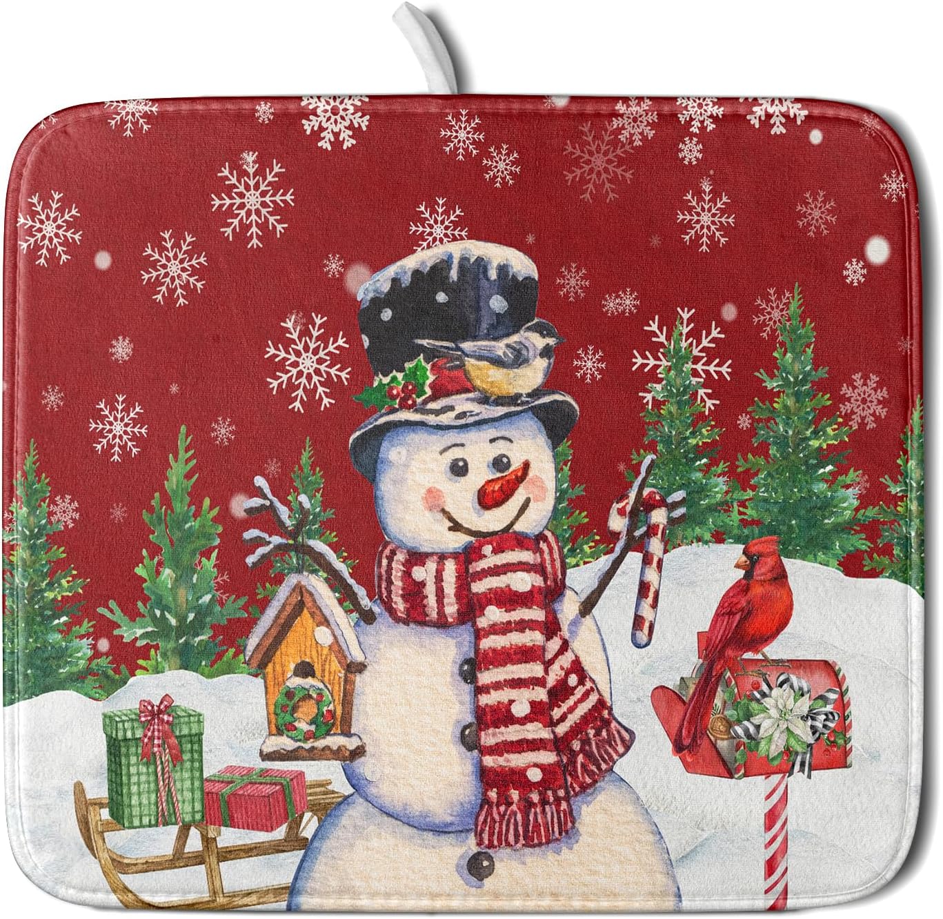 Winter Snowman Dish Drying Mat Red Bird Microfiber Dish Pad 16x18 Inch Absorbent Fast Dry Dishes Draining Mats Holiday Kitchen Accessories