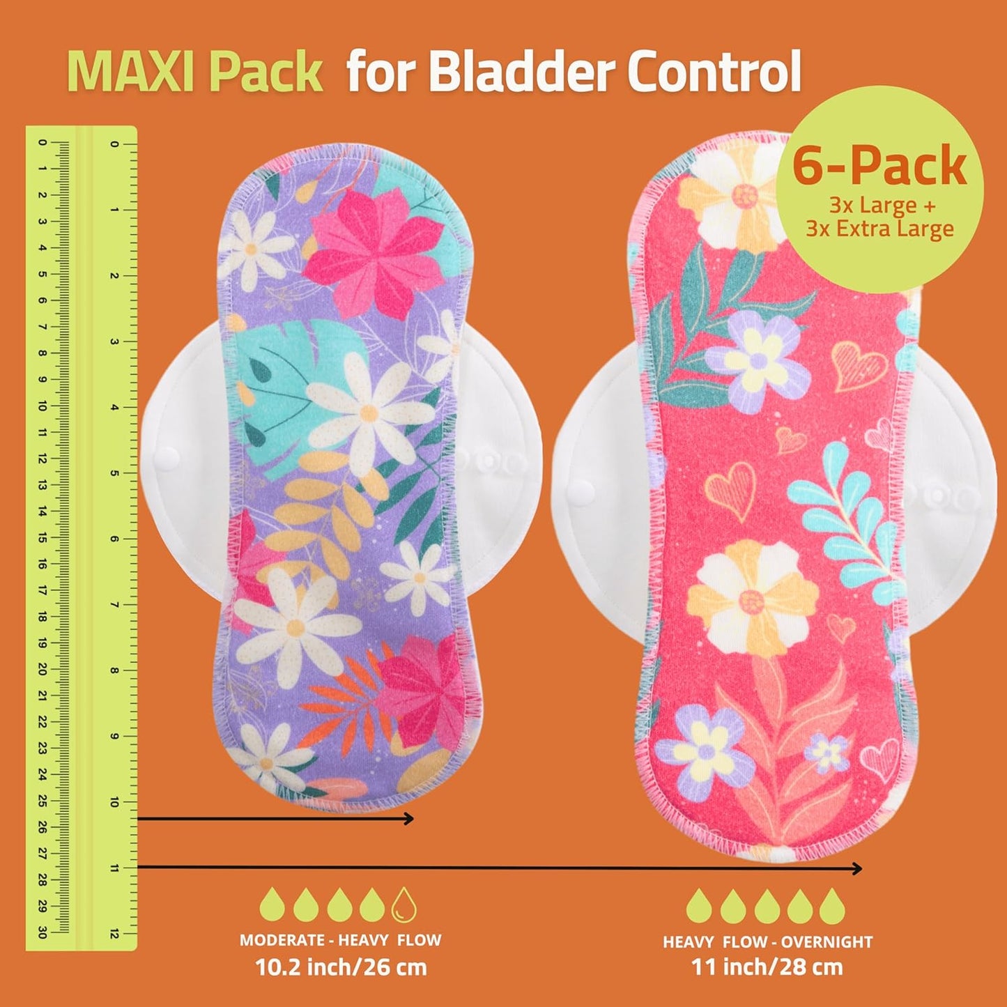 Non-Slip (Premium) High Absorbency Reusable Period Pads for Heavy Flow (6 Pack L+XL) - Leak Proof & Odor Free Viscose Cloth Pads for Women - High-Temp Washable, Soft & Skin-Safe for Menstrual Comfort