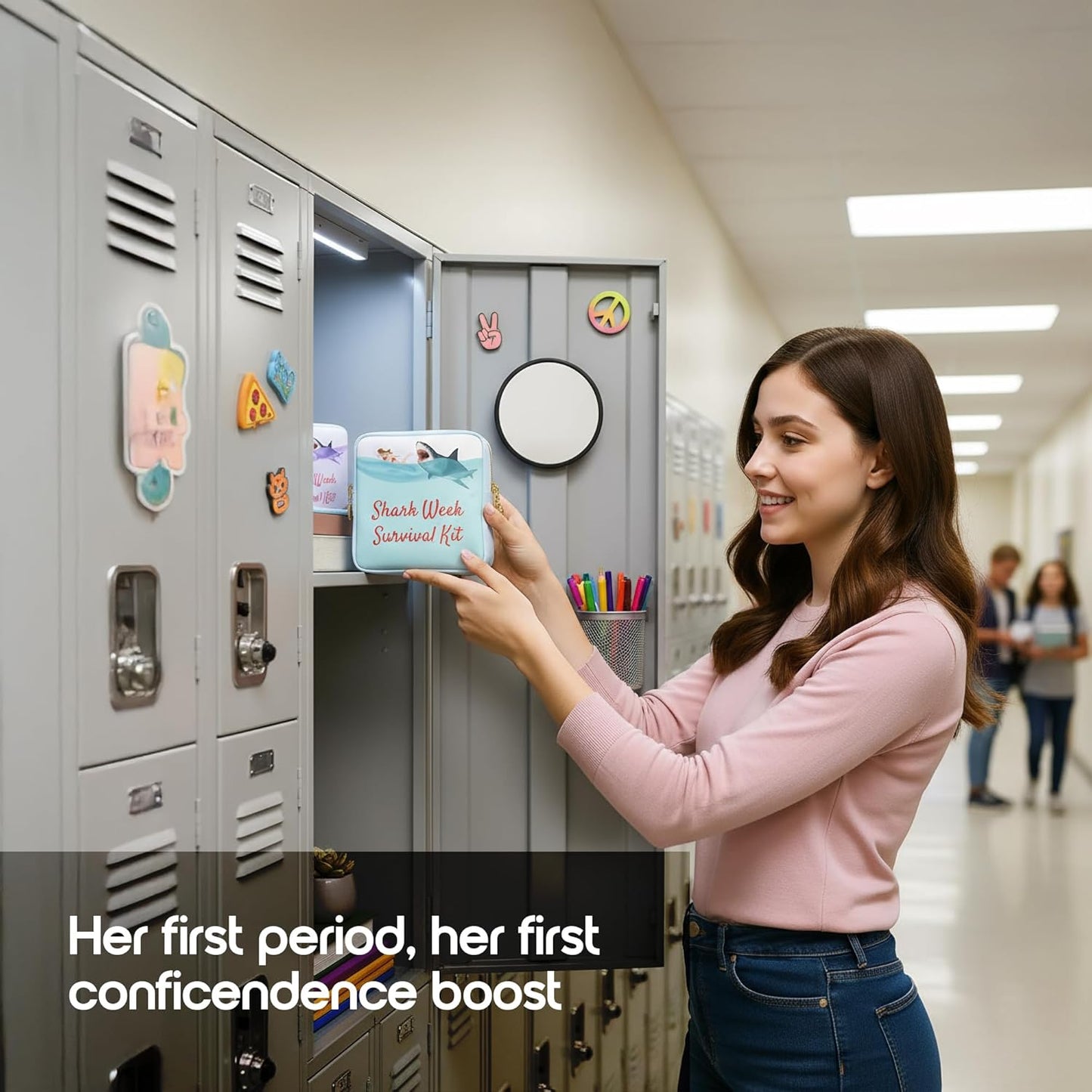 Primo Lines Period Bag for School – Compact Discreet Tampons & Pad Pouch with Waterproof Lining, Cute & Stylish Period Pouches for Teen Girls for School and Travel, First Period Kit (Shark Gifts)