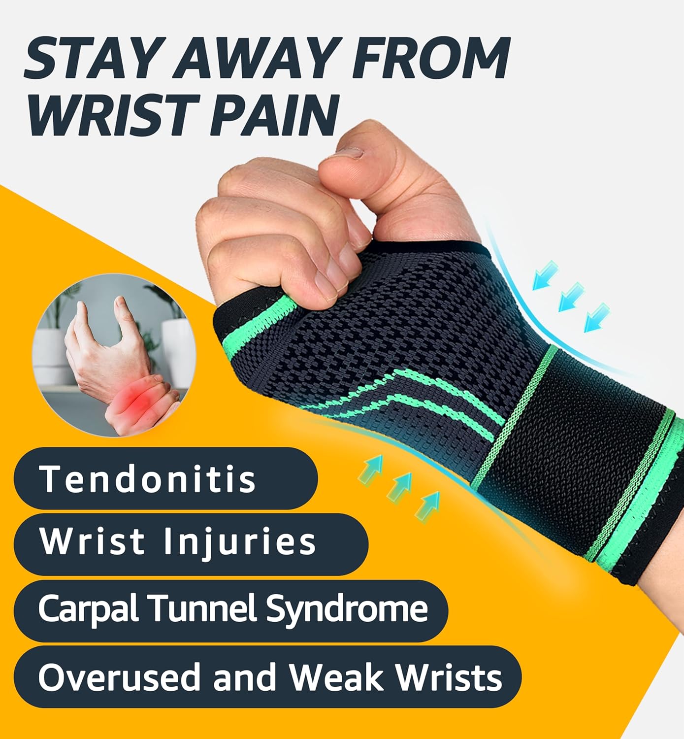 HiRui 2-Pack Wrist Brace Wrist Wraps, Hand Compression Sleeves with Wrist Straps Support for Fitness Weightlifting MTB Tendonitis Carpal Tunnel Arthritis Pain Relief (Green, Large)