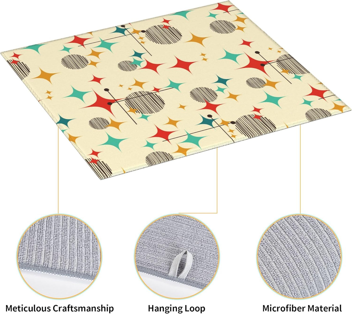 Mid Century Modern Atomic Retro Dish Drying Mat for Kitchen Counter Washable Absorbent Drying Mat Reversible Microfiber Yellow Drying Pad Home Holiday Decor Kitchen Accessories 16"x18"